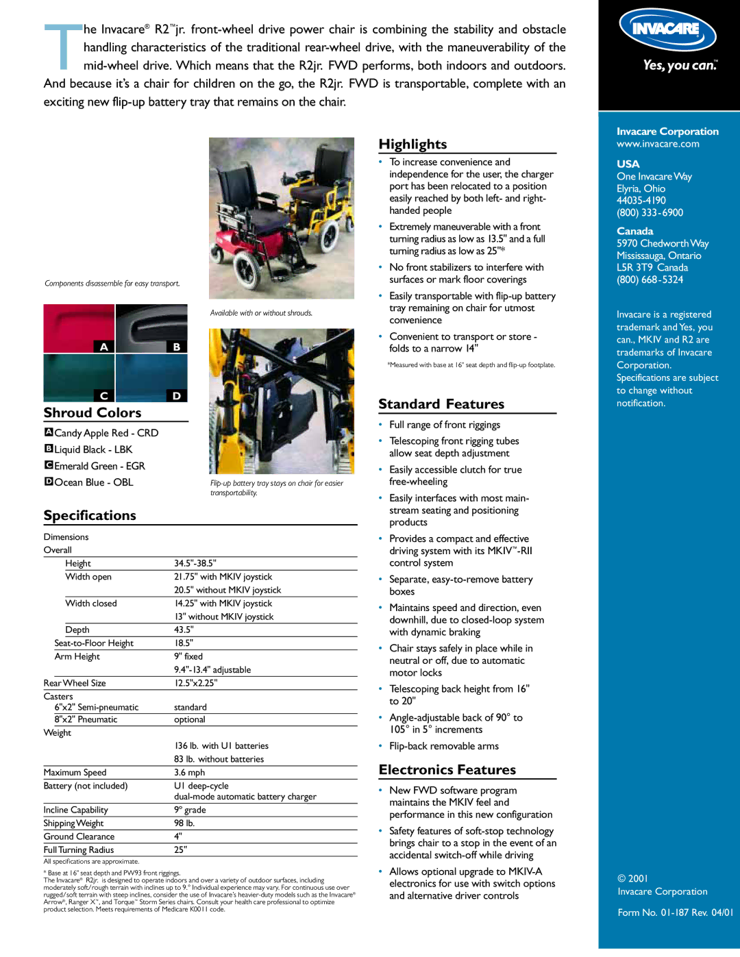 Invacare R2 jr manual Shroud Colors, Specifications, Highlights, Standard Features, Electronics Features 