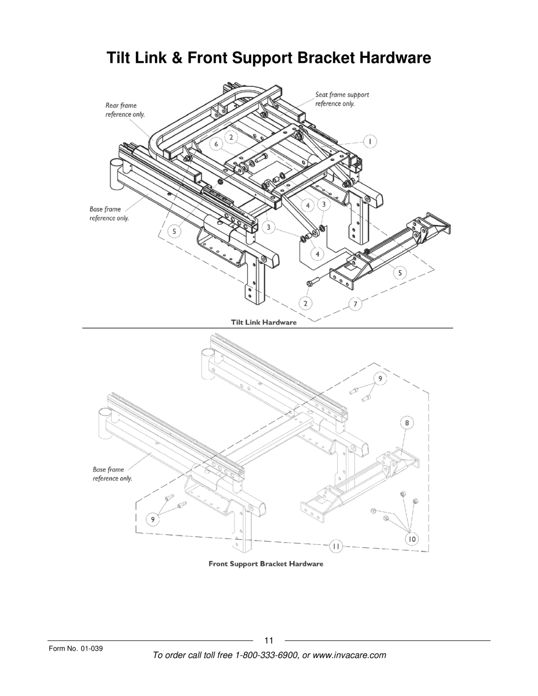 Invacare R2 manual Tilt Link & Front Support Bracket Hardware 