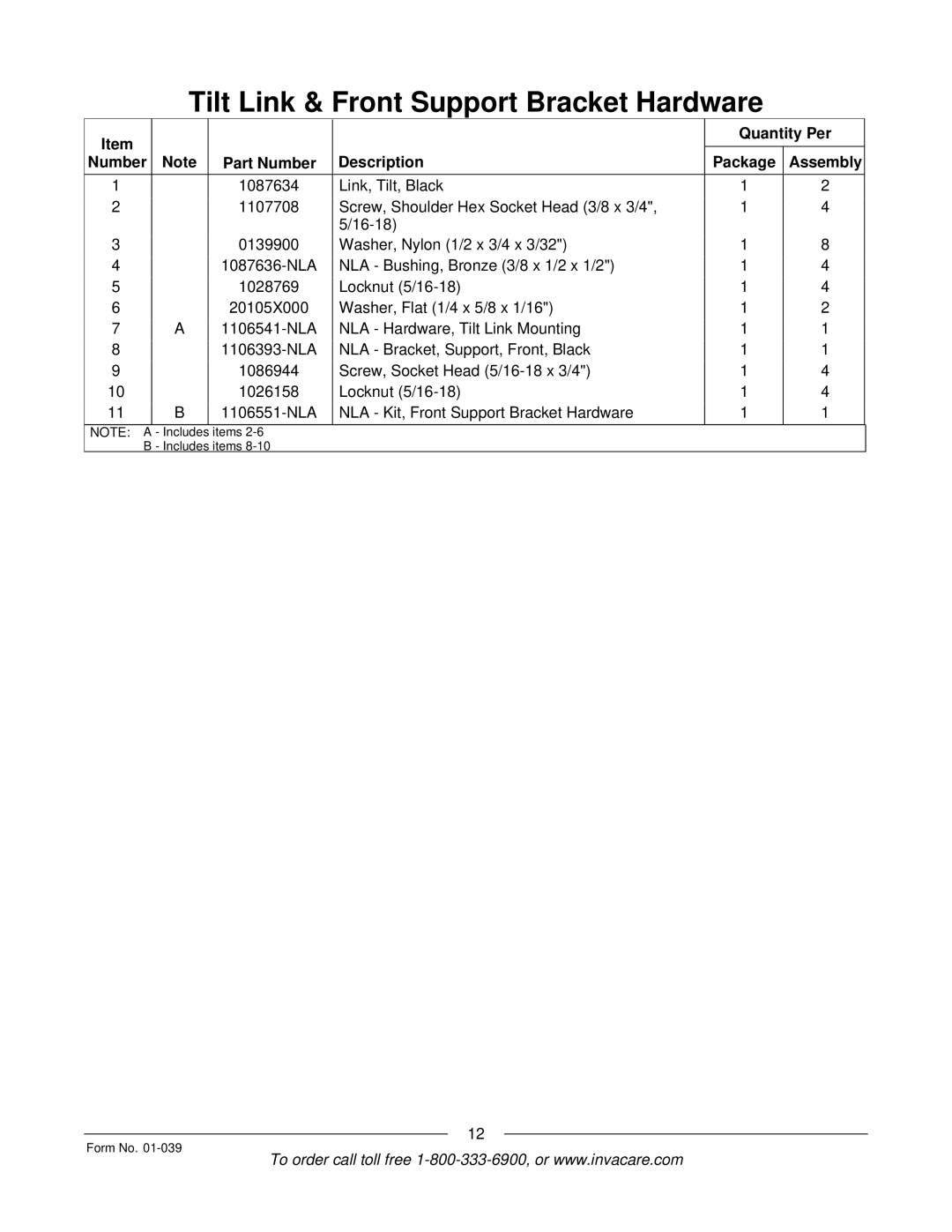 Invacare R2 manual Items Includes items Form No 