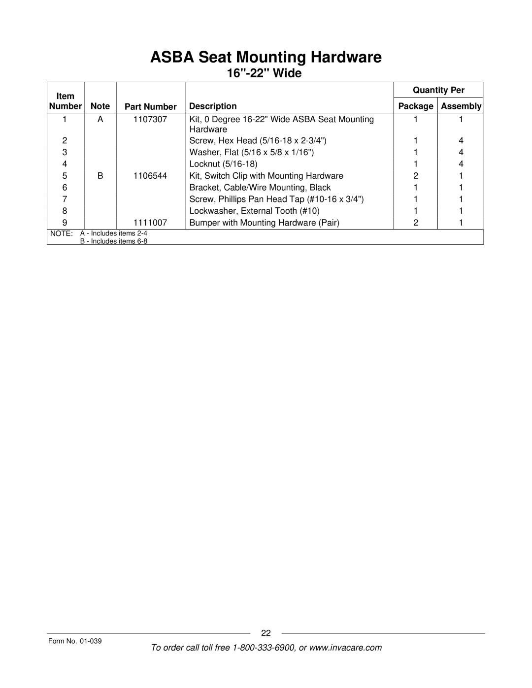 Invacare R2 manual Quantity Per Number Part Number Description Package Assembly 