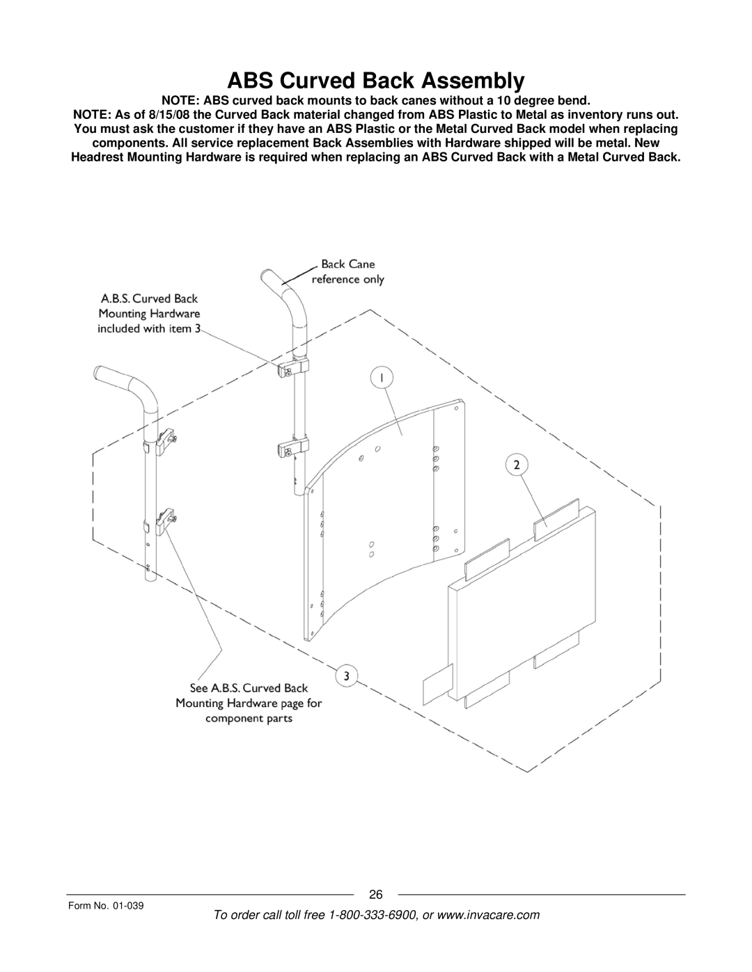 Invacare R2 manual ABS Curved Back Assembly 