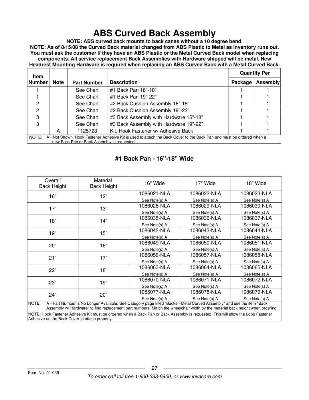 Invacare R2 manual #1 Back Pan 16-18 Wide, NLA 1086078-NLA 1086079-NLA 