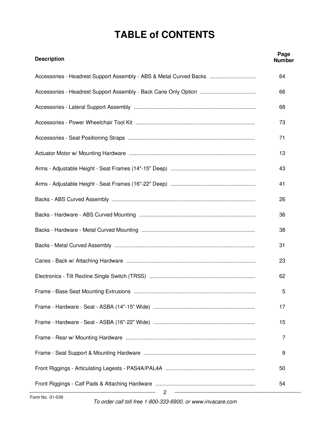 Invacare R2 manual Table of Contents 