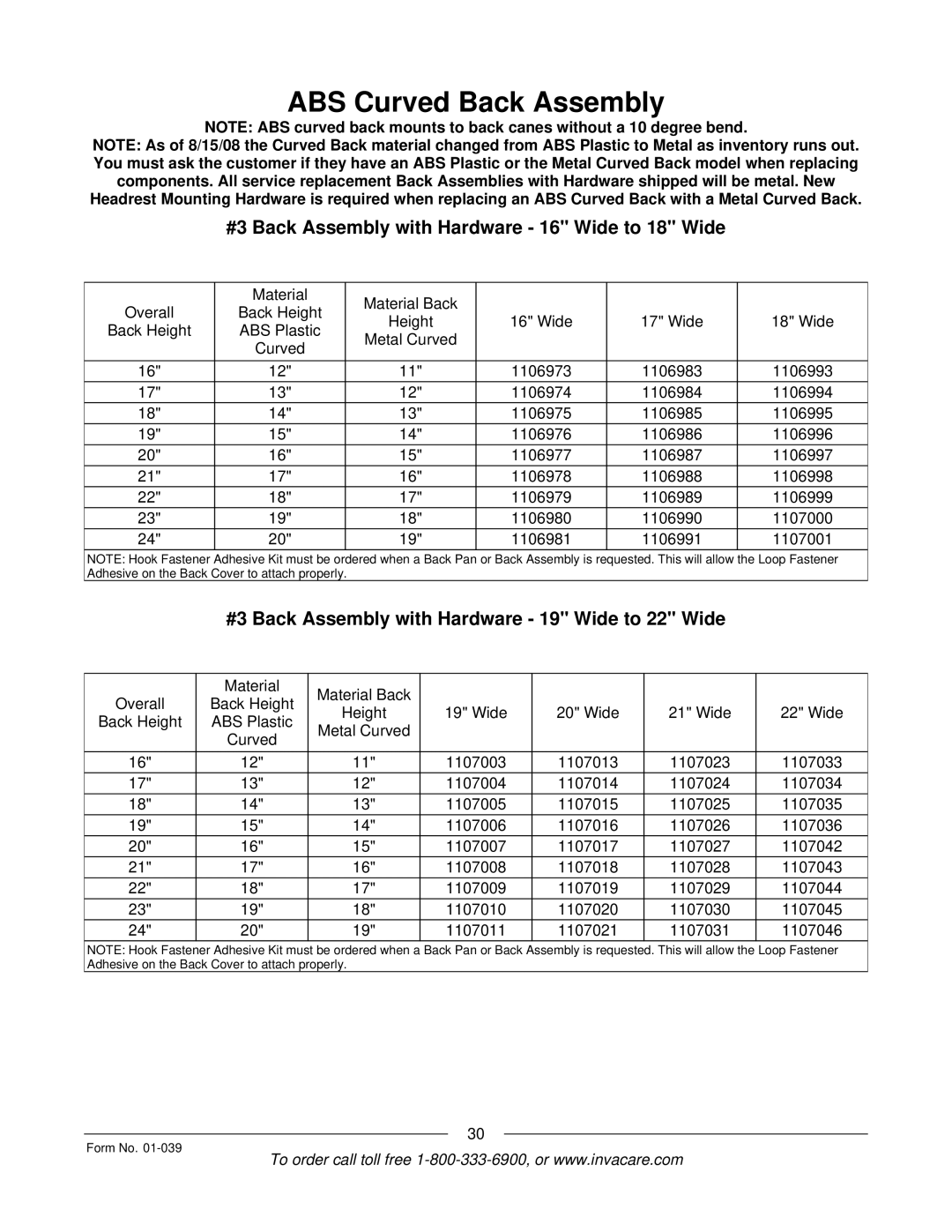 Invacare R2 manual #3 Back Assembly with Hardware 16 Wide to 18 Wide, #3 Back Assembly with Hardware 19 Wide to 22 Wide 