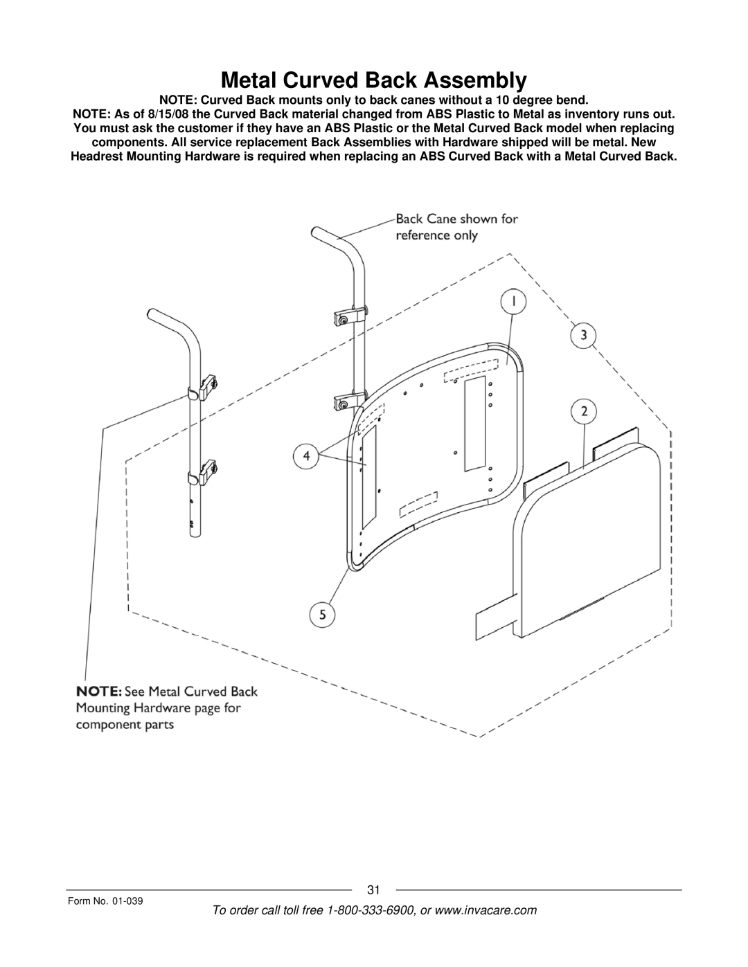 Invacare R2 manual Metal Curved Back Assembly 