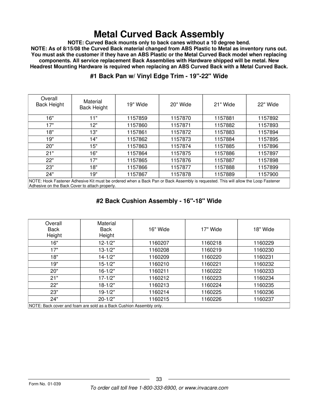Invacare R2 manual #1 Back Pan w/ Vinyl Edge Trim 19-22 Wide, #2 Back Cushion Assembly 16-18 Wide 