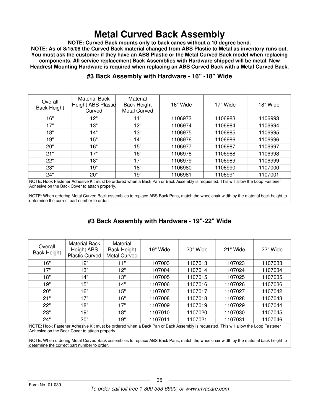 Invacare R2 manual #3 Back Assembly with Hardware 16 -18 Wide, #3 Back Assembly with Hardware 19-22 Wide 