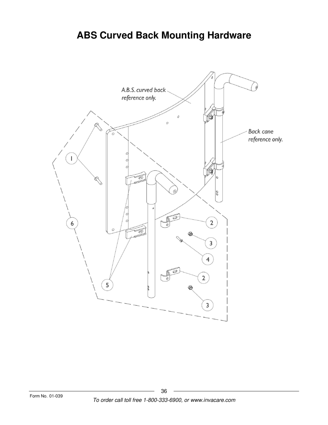 Invacare R2 manual ABS Curved Back Mounting Hardware 