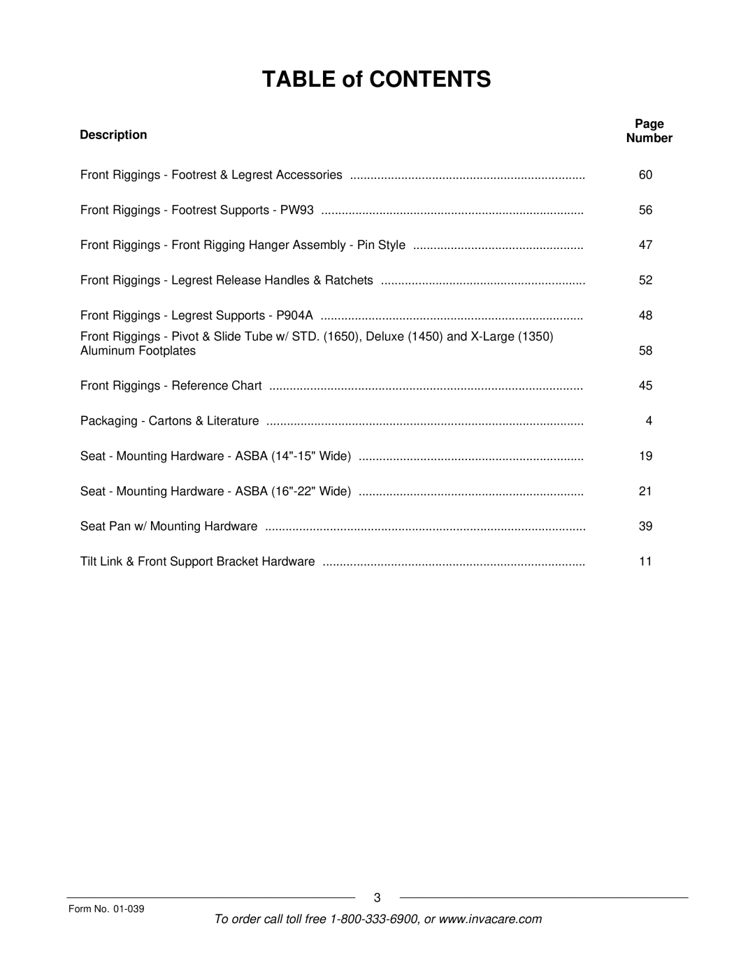 Invacare R2 manual Table of Contents 