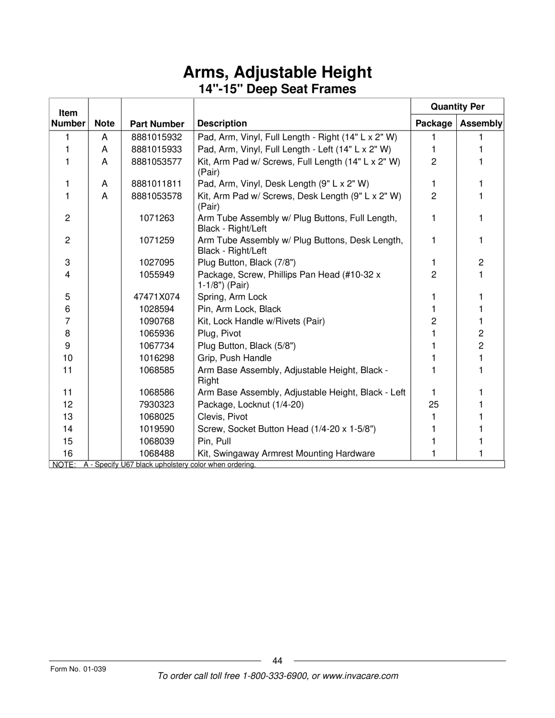 Invacare R2 manual U67 black upholstery Color when ordering Form No 