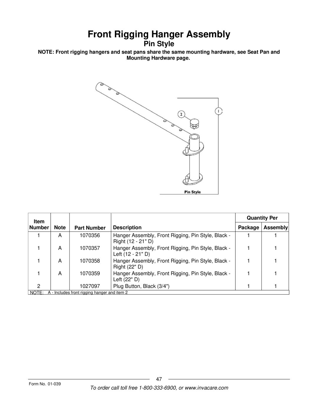 Invacare R2 manual Front Rigging Hanger Assembly, Pin Style 