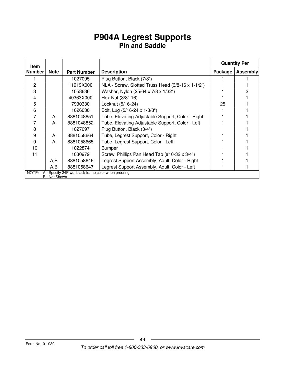 Invacare R2 manual Quantity Per Number Part Number Description Package Assembly 