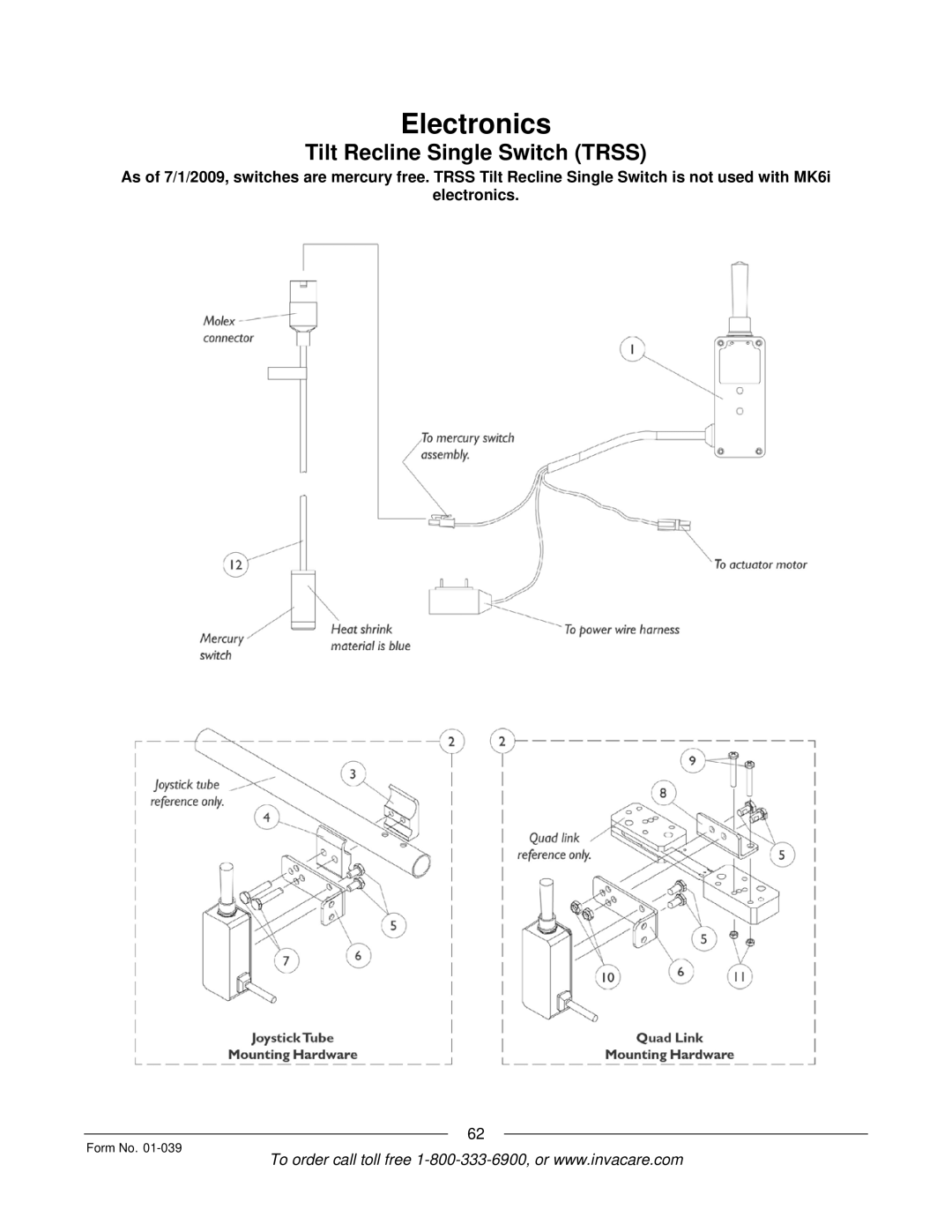 Invacare R2 manual Electronics, Tilt Recline Single Switch Trss 