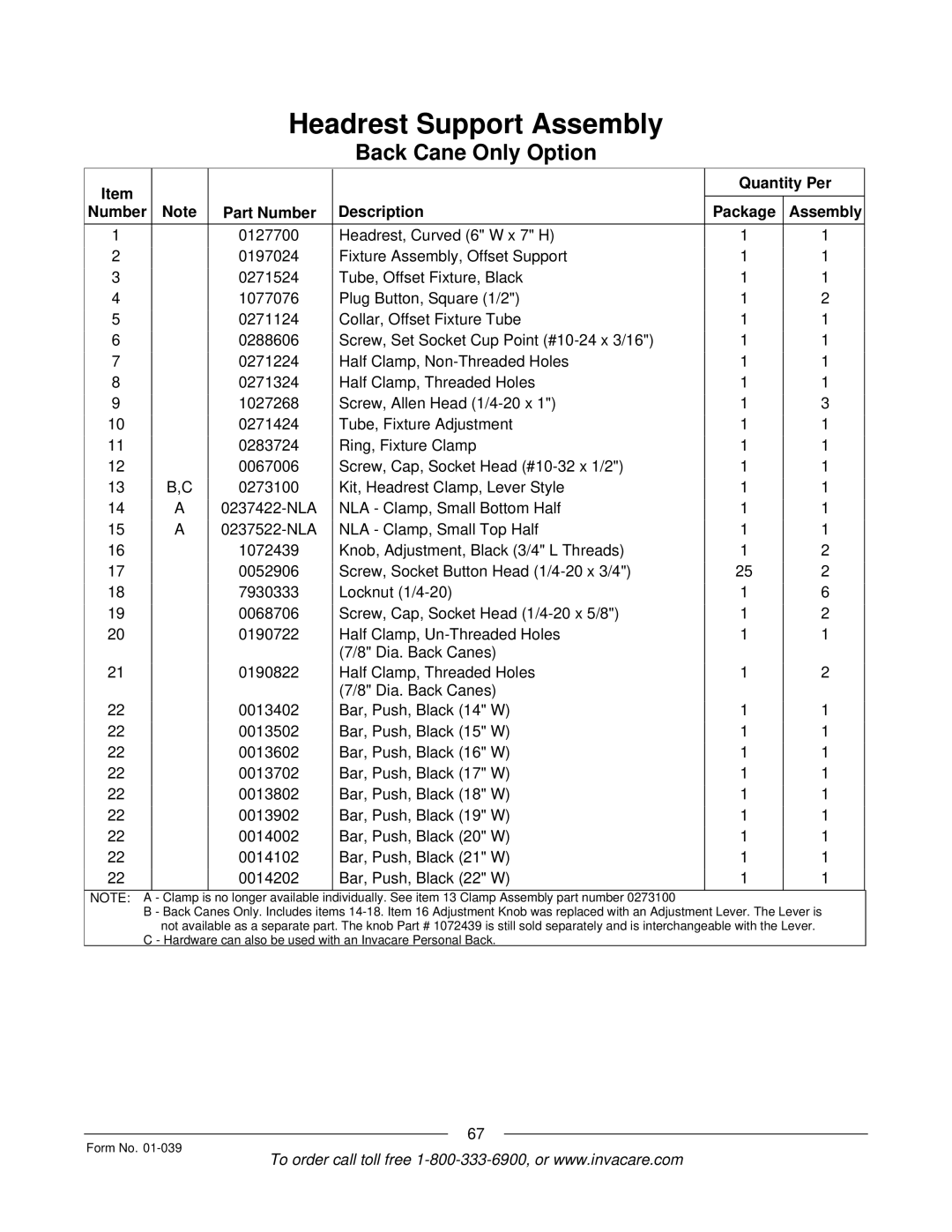 Invacare R2 manual Quantity Per Number Part Number Description Package Assembly 