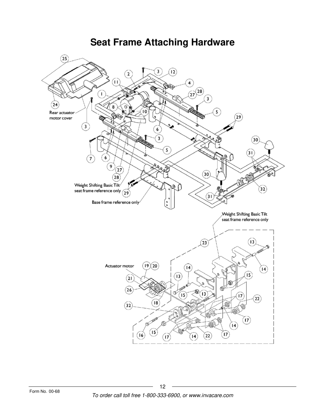 Invacare R2TM manual Seat Frame Attaching Hardware 