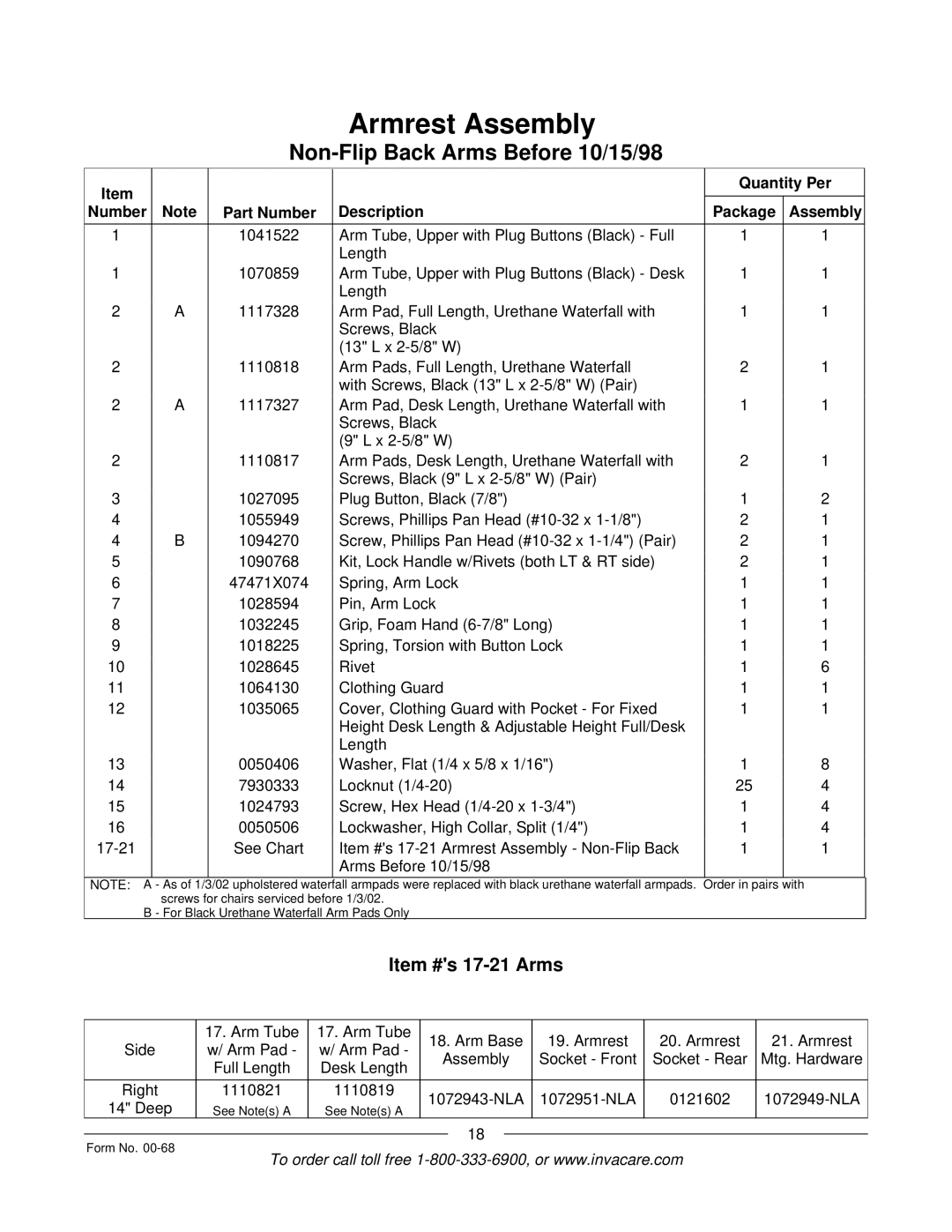 Invacare R2TM manual Non-Flip Back Arms Before 10/15/98, Item #s 17-21 Arms 