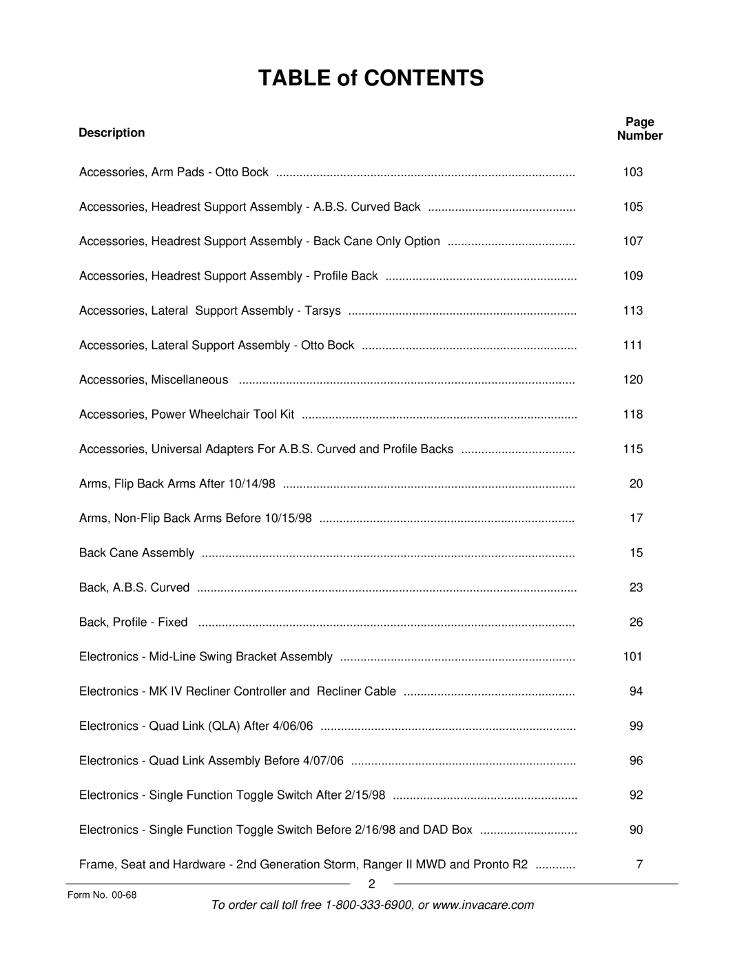 Invacare R2TM manual Table of Contents 