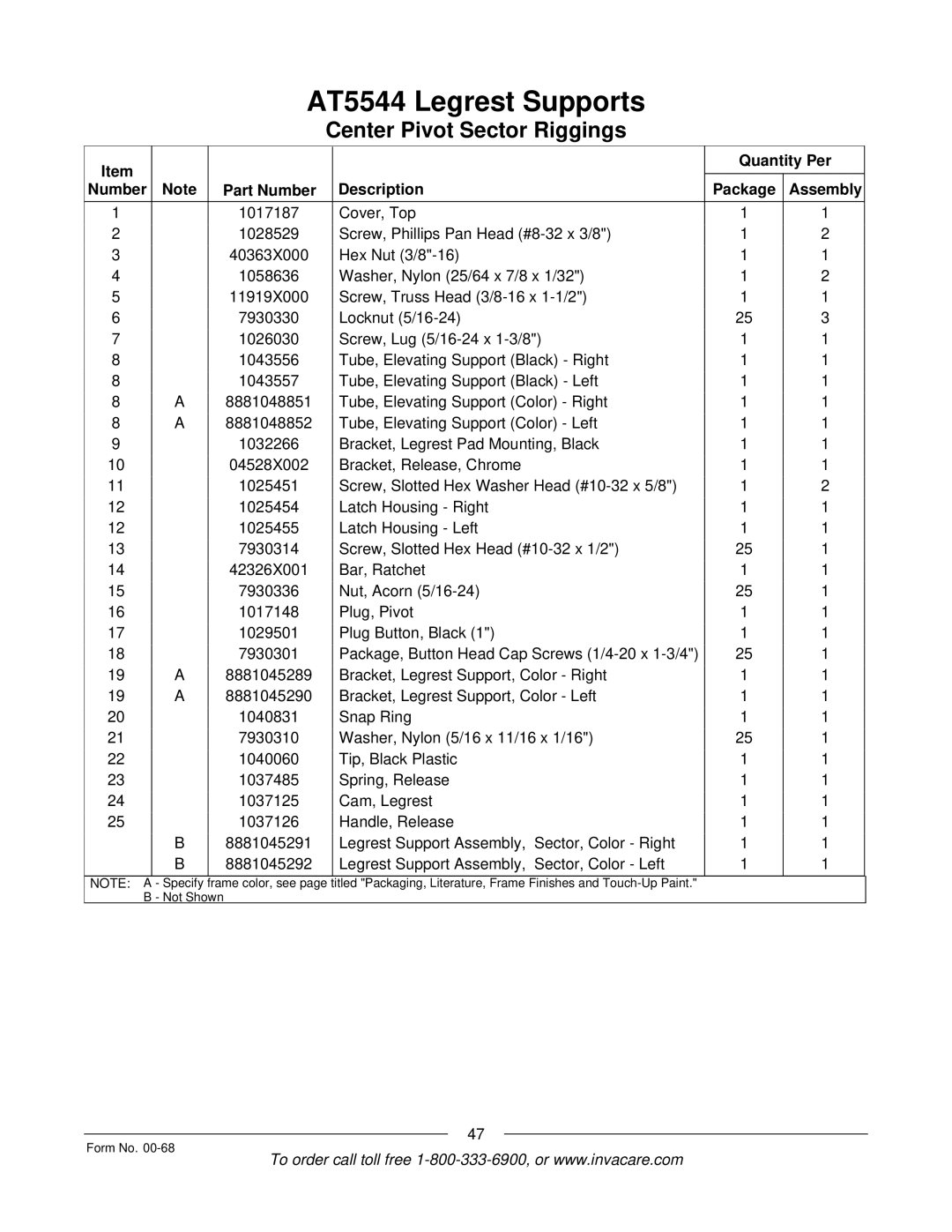 Invacare R2TM manual AT5544 Legrest Supports 