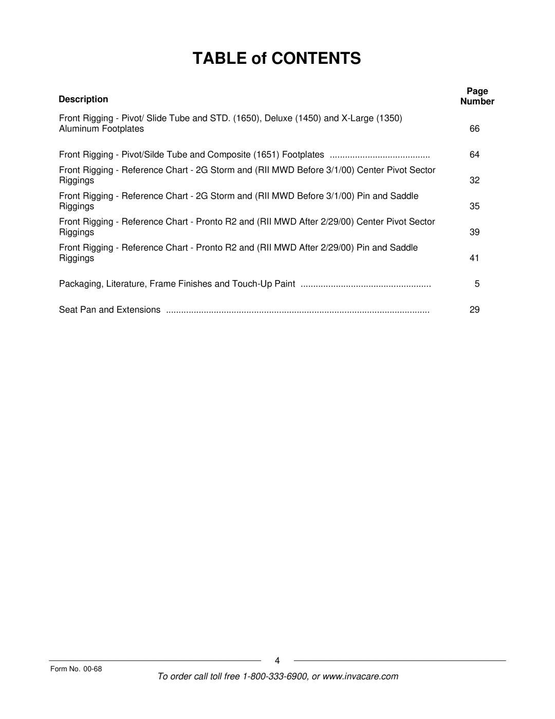 Invacare R2TM manual Table of Contents 