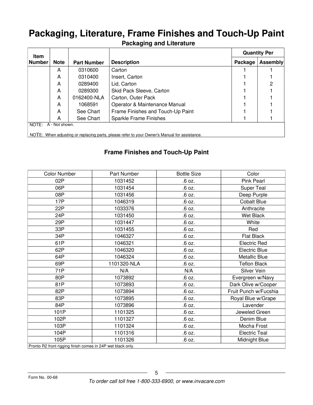 Invacare R2TM manual Packaging and Literature, Frame Finishes and Touch-Up Paint 