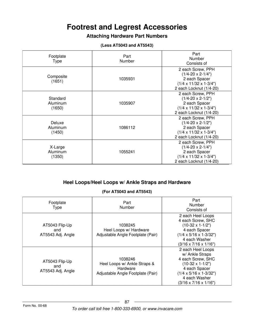 Invacare R2TM Attaching Hardware Part Numbers, Heel Loops/Heel Loops w/ Ankle Straps and Hardware, Less AT5043 and AT5543 