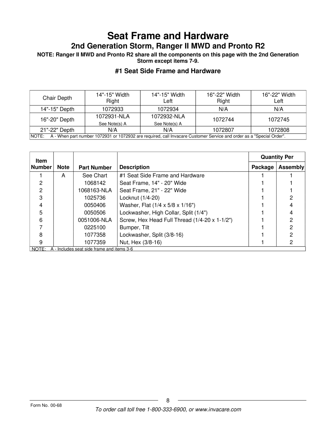 Invacare R2TM manual #1 Seat Side Frame and Hardware, Depth 1072807 1072808 