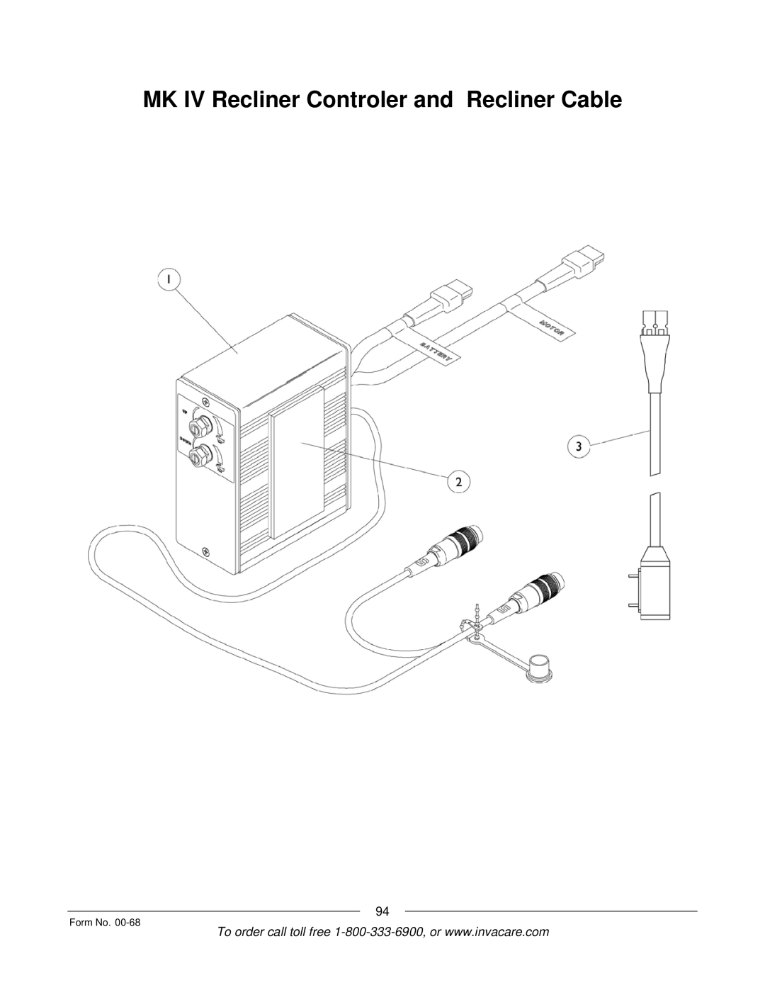 Invacare R2TM manual MK IV Recliner Controler and Recliner Cable 