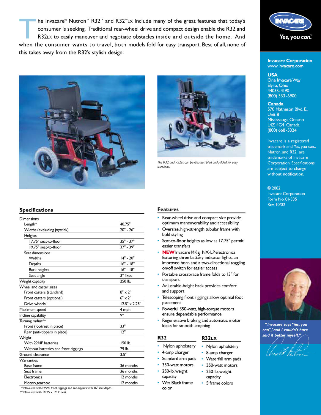 Invacare R32 LX manual Specifications, Features, R32LX, Usa 