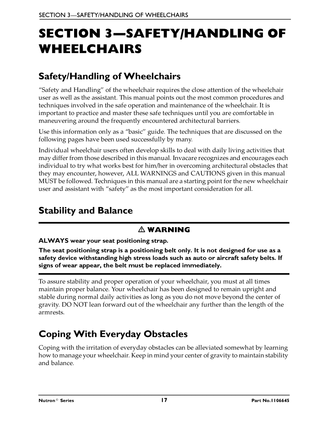 Invacare R50LX, R51LXP manual SAFETY/HANDLING of Wheelchairs, Safety/Handling of Wheelchairs, Stability and Balance 