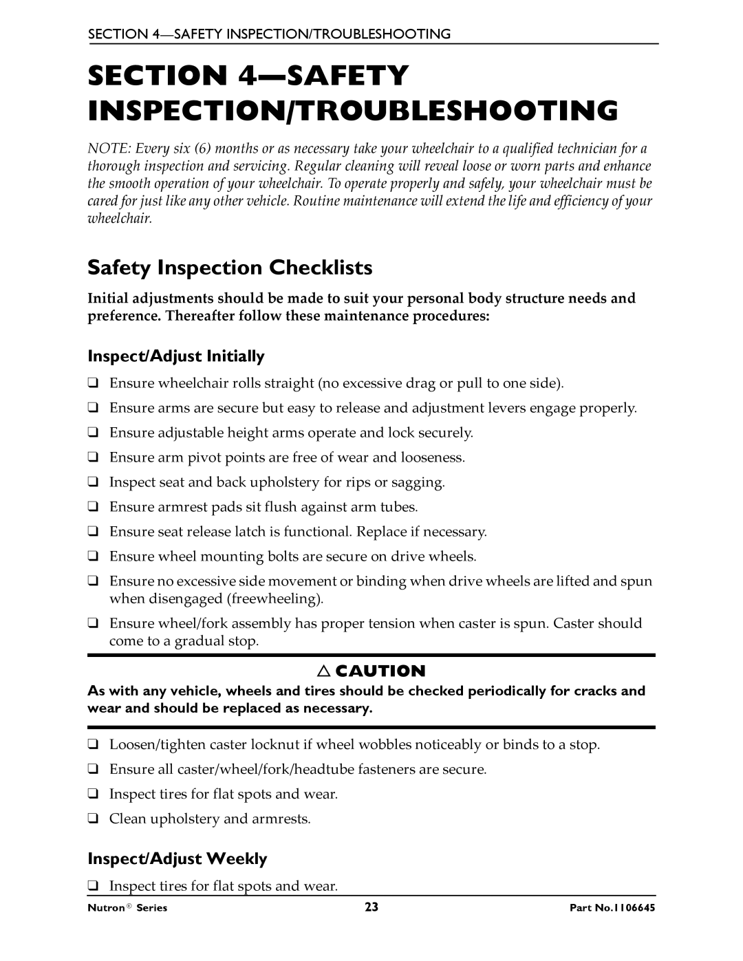 Invacare R51LXP, R50LX manual Safety INSPECTION/TROUBLESHOOTING, Safety Inspection Checklists, Inspect/Adjust Initially 