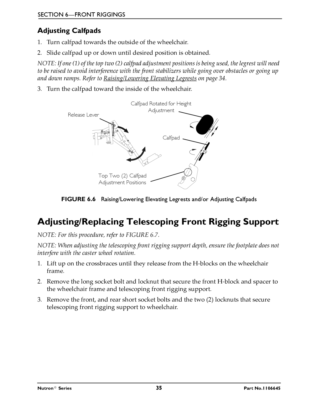 Invacare R51LXP, R50LX manual Adjusting/Replacing Telescoping Front Rigging Support, Adjusting Calfpads 