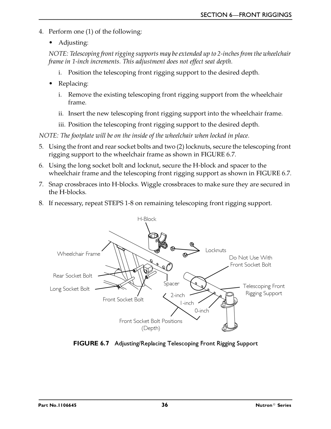 Invacare R51LXP, R50LX manual Adjusting/Replacing Telescoping Front Rigging Support 