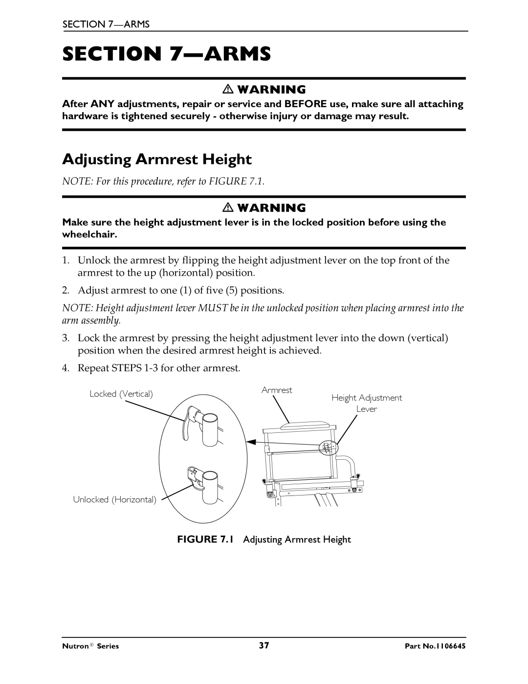 Invacare R50LX, R51LXP manual Arms, Adjusting Armrest Height 