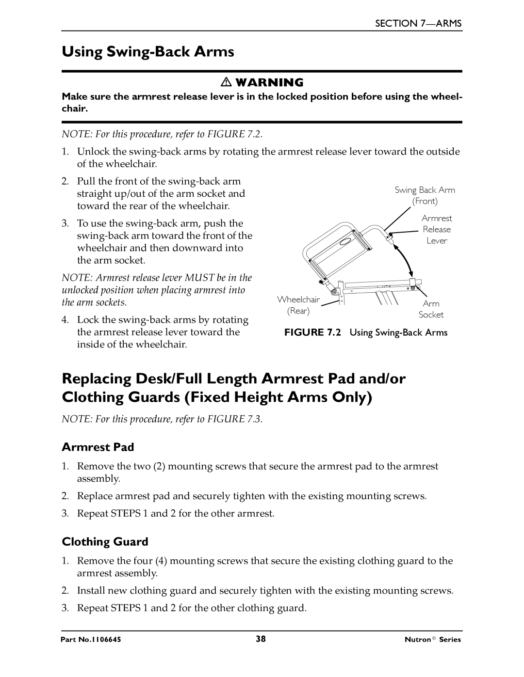 Invacare R51LXP, R50LX manual Using Swing-Back Arms, Armrest Pad, Clothing Guard 