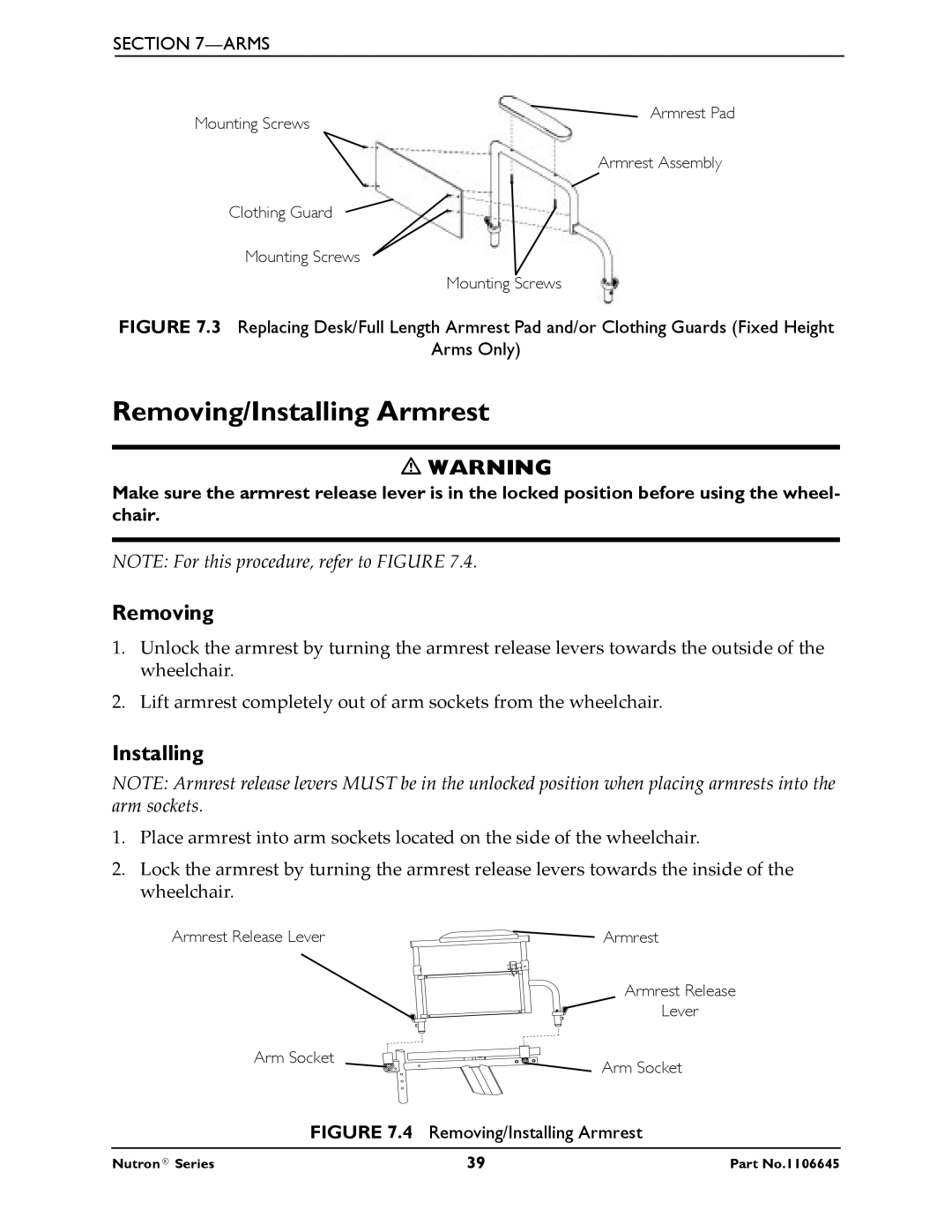 Invacare R51LXP, R50LX manual Removing/Installing Armrest 