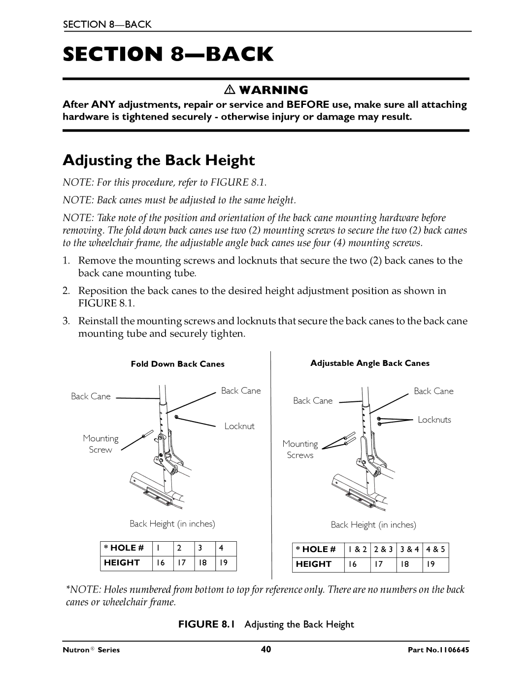 Invacare R51LXP, R50LX manual Adjusting the Back Height 