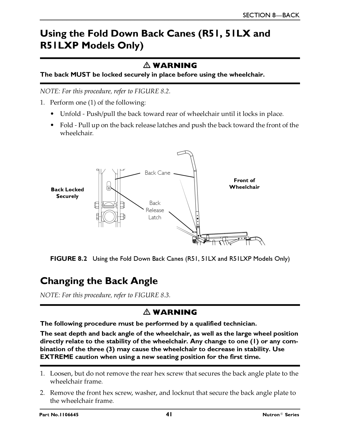 Invacare R50LX, R51LXP manual Changing the Back Angle 