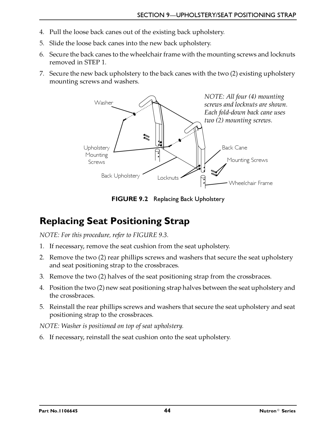 Invacare R51LXP, R50LX manual Replacing Seat Positioning Strap, Replacing Back Upholstery 