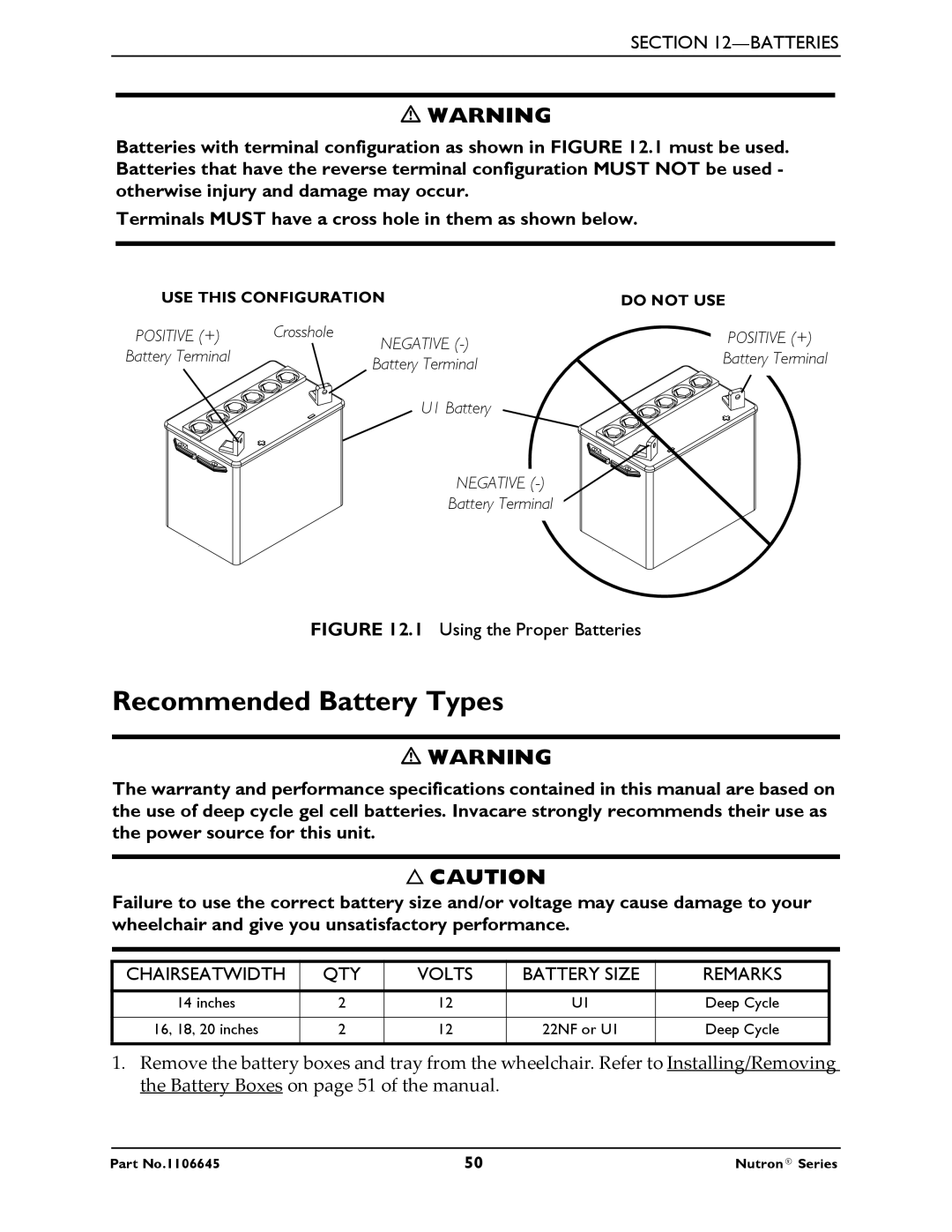 Invacare R51LXP, R50LX manual Recommended Battery Types, Using the Proper Batteries 