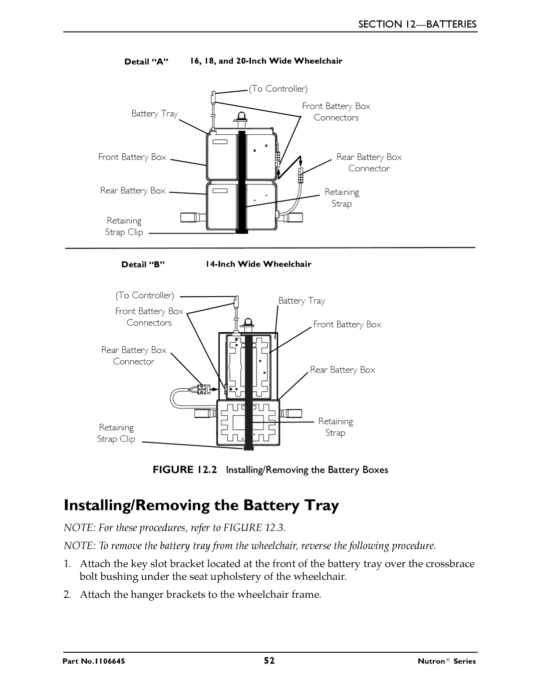 Invacare R51LXP, R50LX manual Installing/Removing the Battery Tray, Installing/Removing the Battery Boxes 