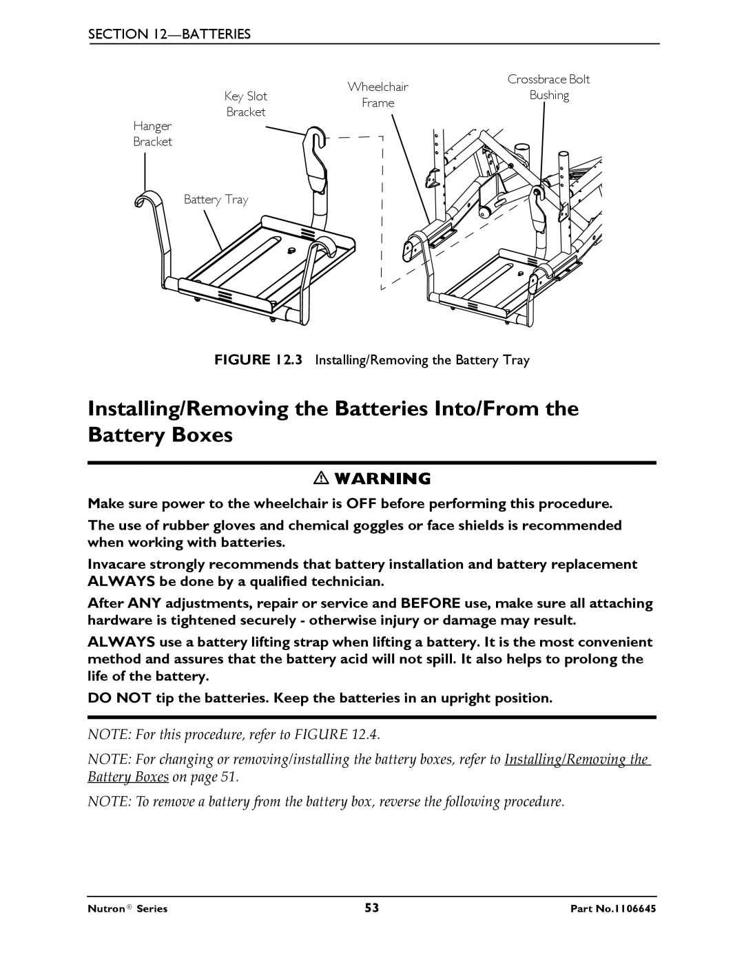 Invacare R50LX, R51LXP manual Installing/Removing the Battery Tray 