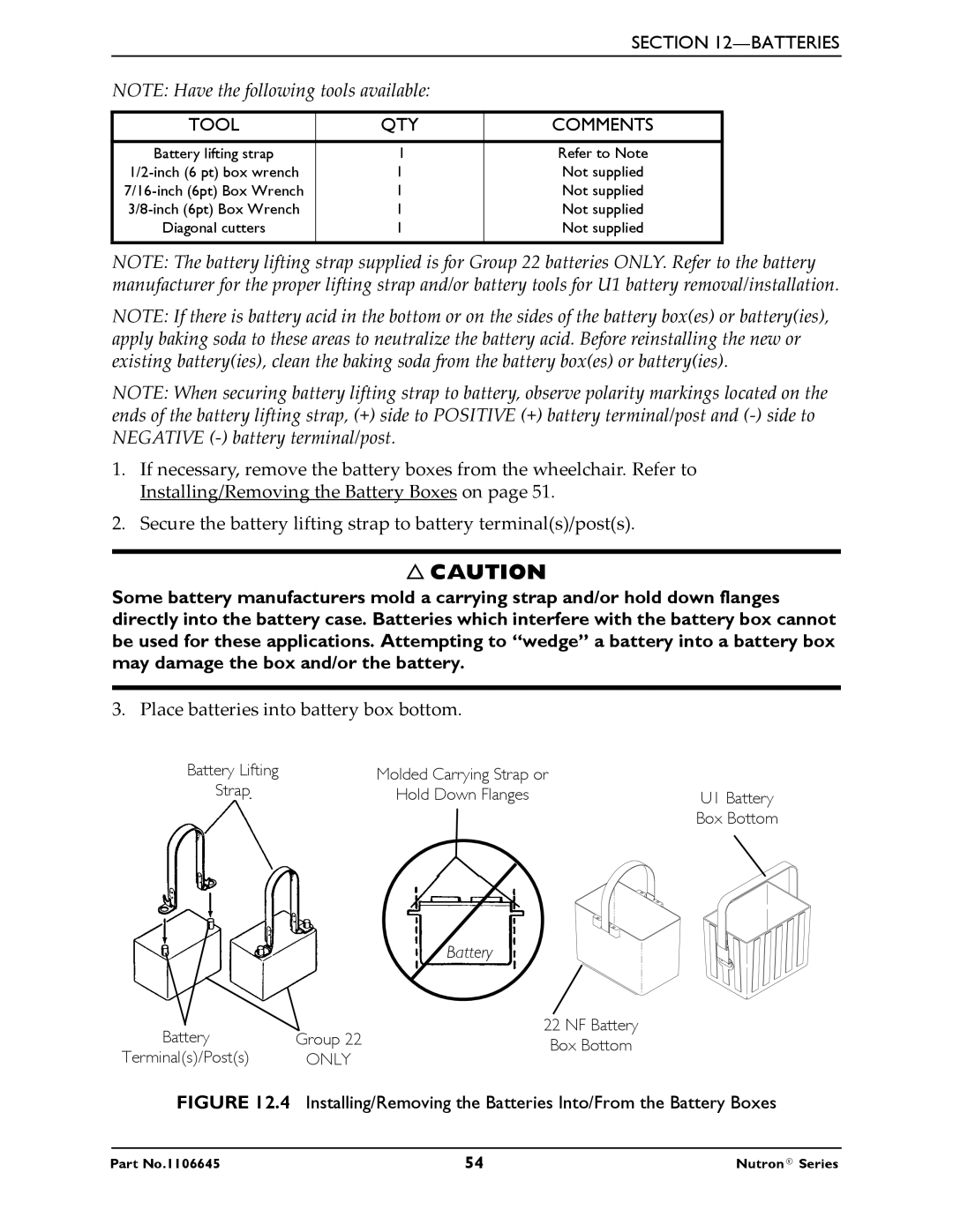 Invacare R51LXP, R50LX manual Place batteries into battery box bottom 