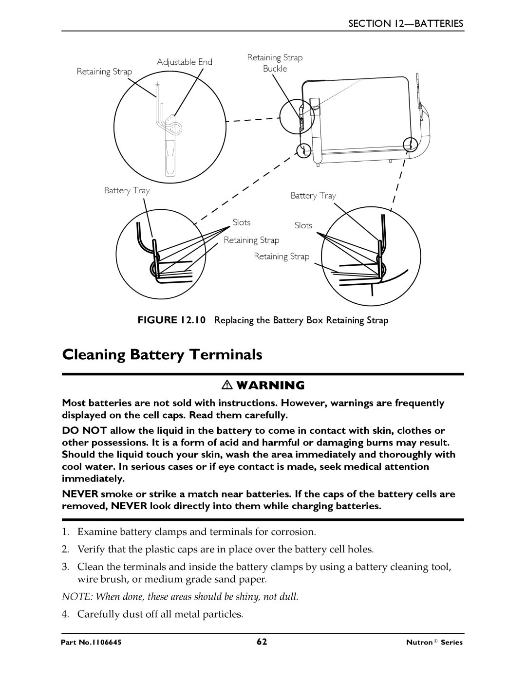 Invacare R51LXP, R50LX manual Cleaning Battery Terminals, Replacing the Battery Box Retaining Strap 