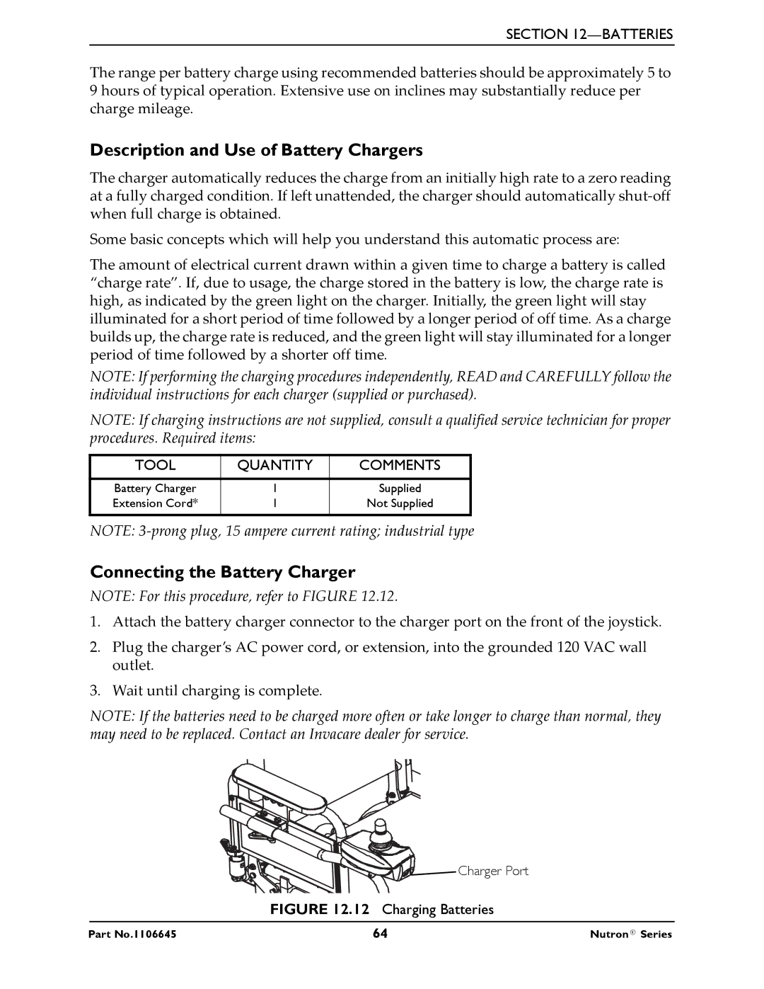 Invacare R51LXP, R50LX manual Description and Use of Battery Chargers, Connecting the Battery Charger 