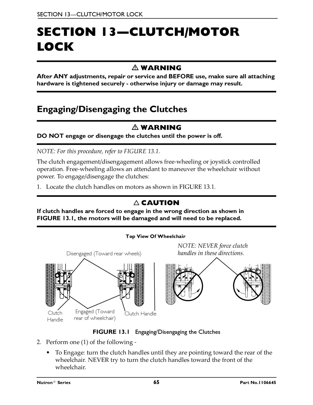 Invacare R50LX, R51LXP manual CLUTCH/MOTOR Lock, Engaging/Disengaging the Clutches 