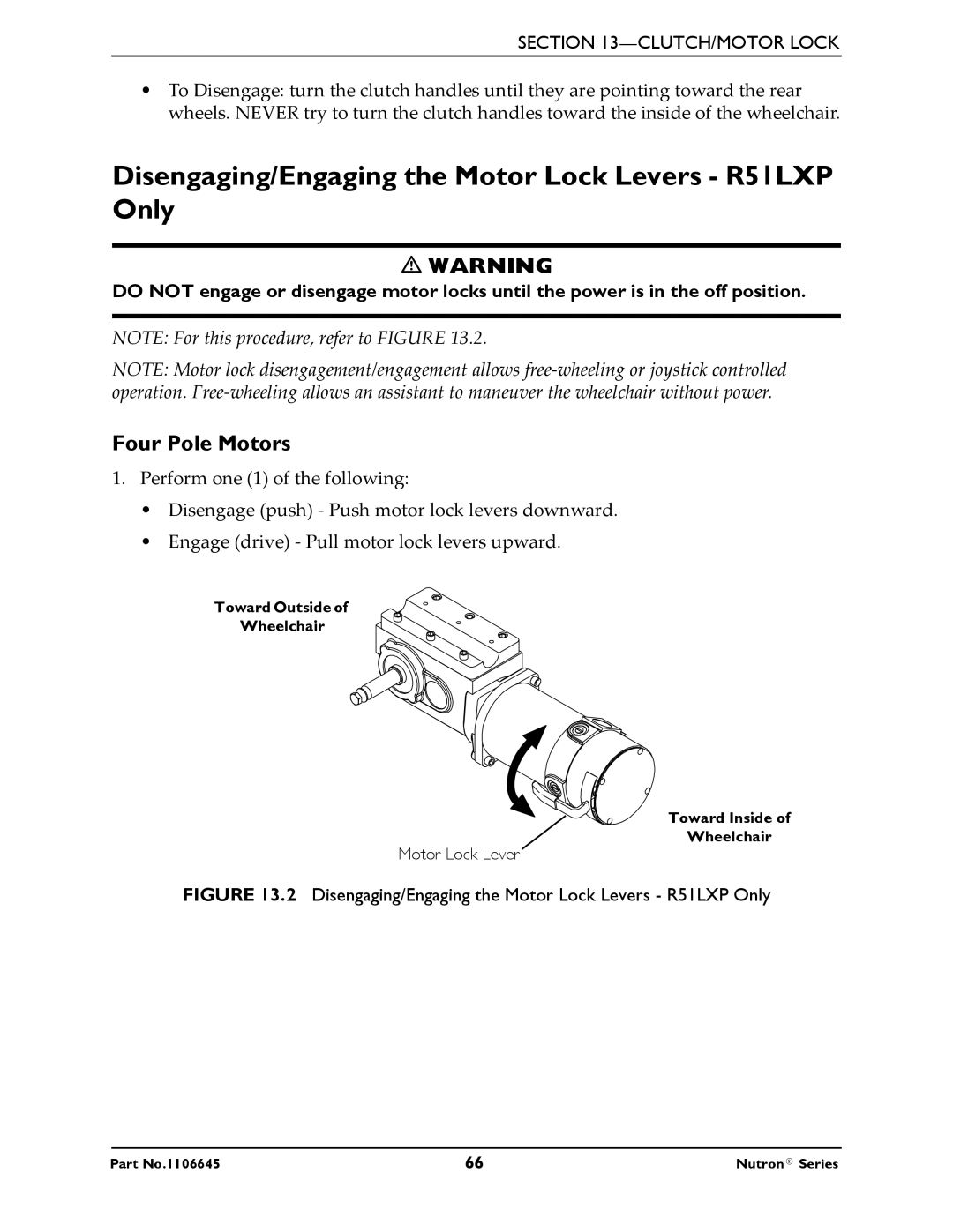 Invacare R50LX manual Disengaging/Engaging the Motor Lock Levers R51LXP Only, Four Pole Motors 