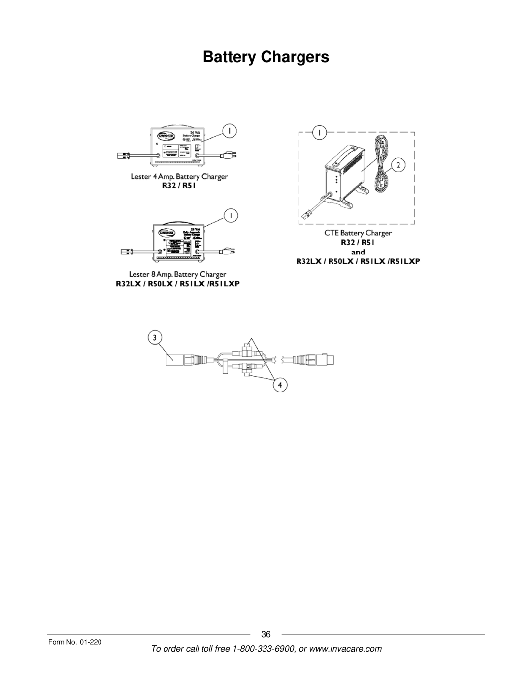 Invacare R51TM LXP, R50TM LX, R32TM LX manual Battery Chargers 