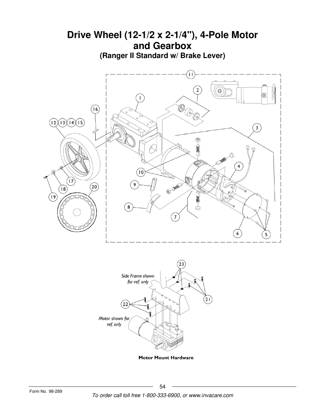 Invacare FWD, Ranger II, Excel manual Drive Wheel 12-1/2 x 2-1/4, 4-Pole Motor Gearbox 