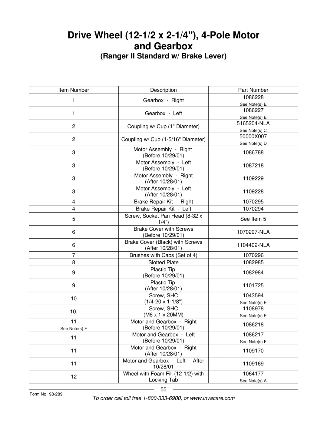 Invacare Excel, Ranger II, FWD manual Item Number Description Part Number Gearbox Right 1086228 