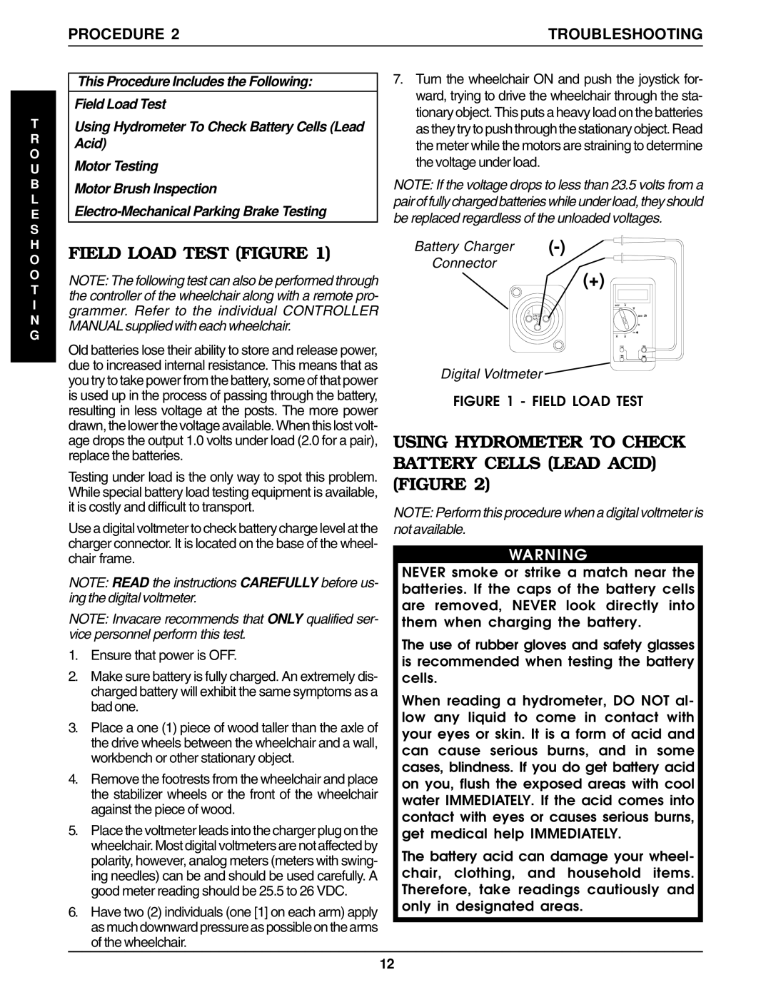 Invacare Ranger IIJR, Ranger IISTANDARD Field Load Test Figure, Using Hydrometer to Check Battery Cells Lead Acid Figure 